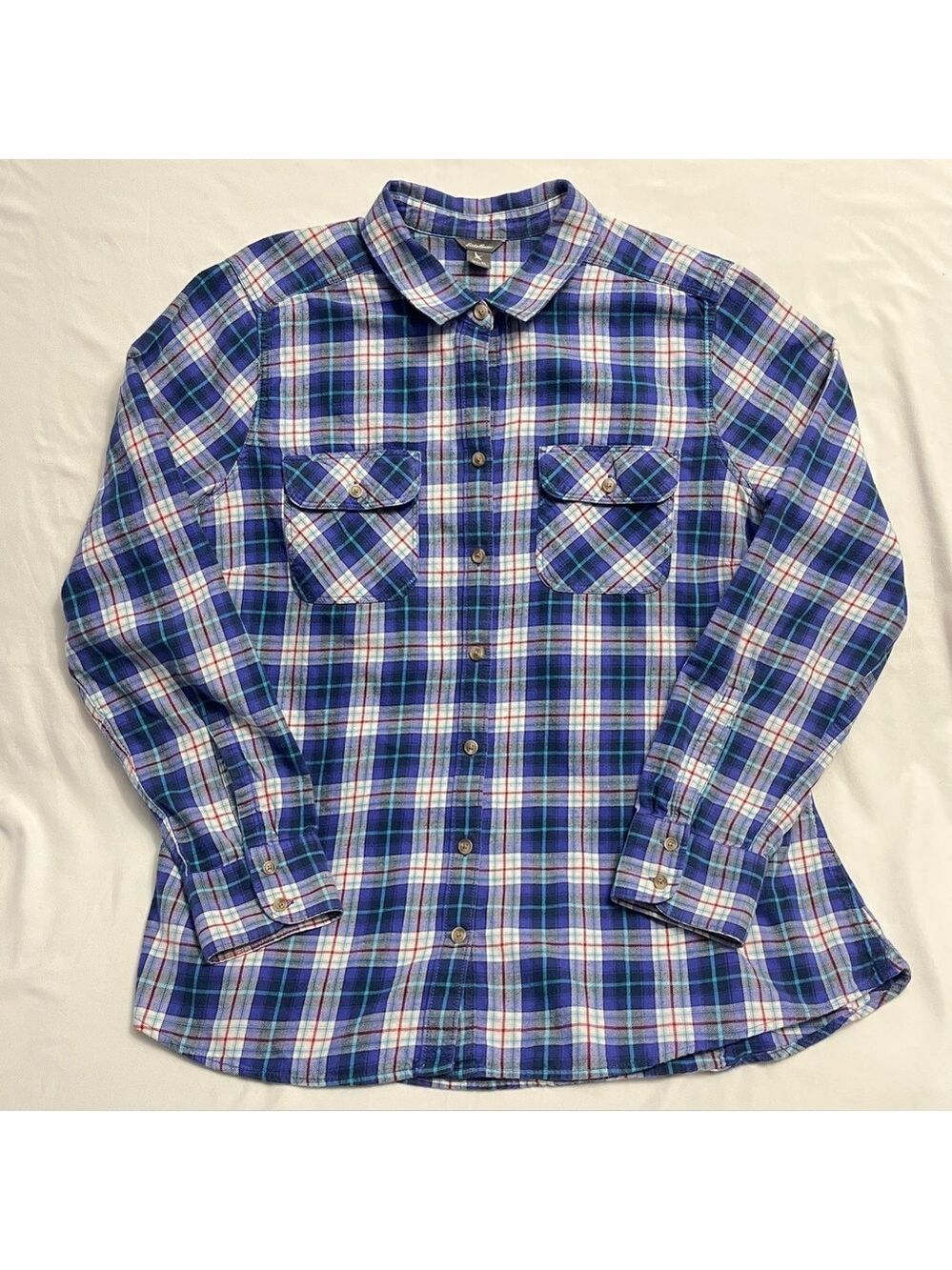 Eddie Bauer Flannel Shirt Longsleeve Plaid Button Down Top Womens XL Blue
